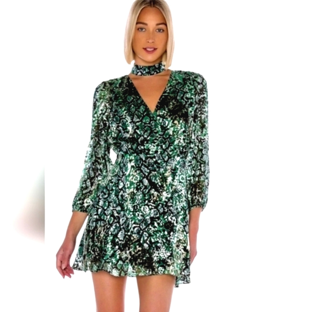 Alice + Olivia Nwot Rita Blouson Longsleeve V Neckline Silk Emerald Dress Choker